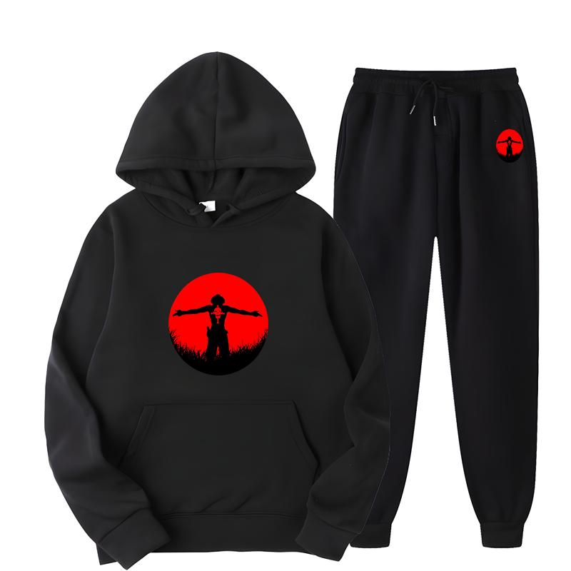 Redroundart Men Hoodie & Jogger Set, Trendy Figure Silhouette Within Red Circle Art Print, Thick Fleece Sport Two Piece Set for Street Leisure