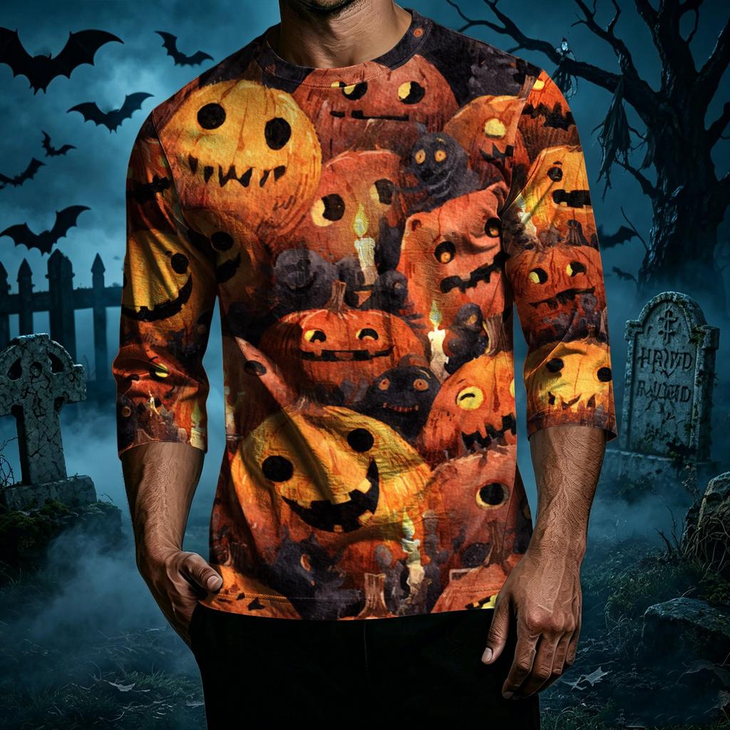 Men's Casual Halloween Printed Crew Neck T-Shirt Three Quarter Sleeve Top Lightweight Comfortable Fit for Everyday Wear