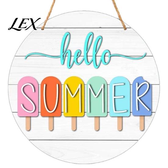 Wooden Hanging Sign Hello Summer Door Sign, Ice Pop Flip Flop Welcome Hanger, Front Plaque Farmhouse Wreath for Home Porch Decor Coastal Style Wall