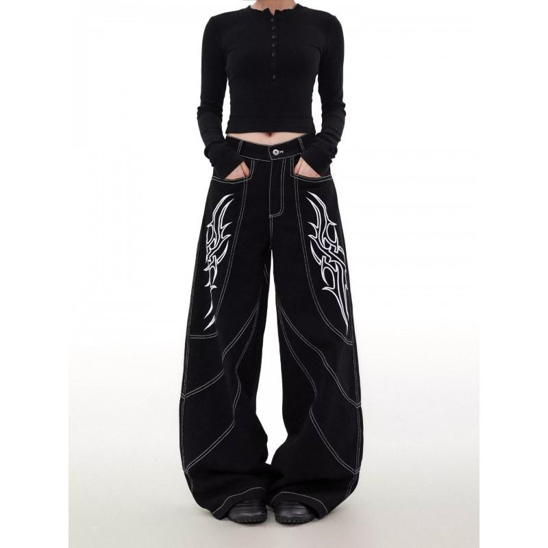 2026 Embroidered Denim Pants Loose Fit High Street Style Wide Leg Jeans Teens