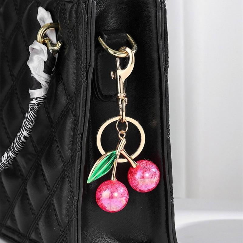 Sophisticated Resin Cherry Bag Charm with Glitter Key Ring Clip Stylish Metal Keychain Pendant Accessory for Purses