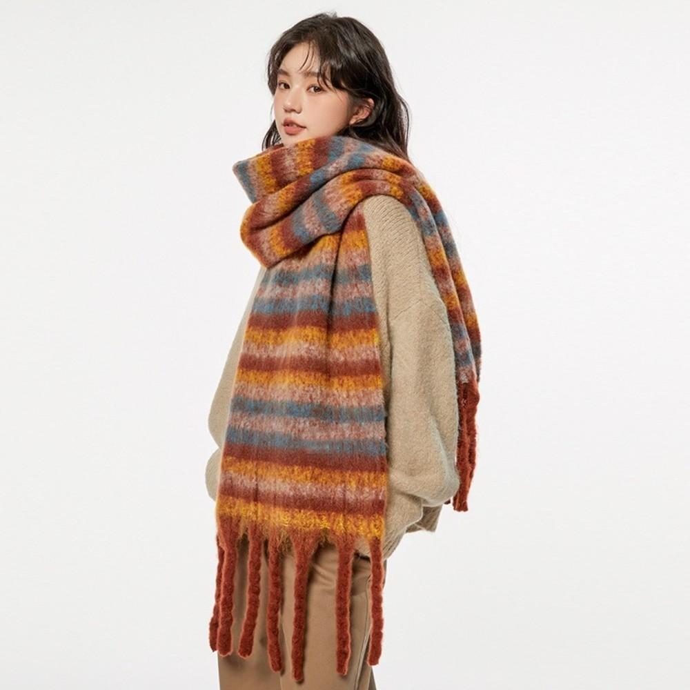 Mohair Winter Cashmere Scarves Rainbow Long Shawl Elegant Stripe Wool Scarf Student