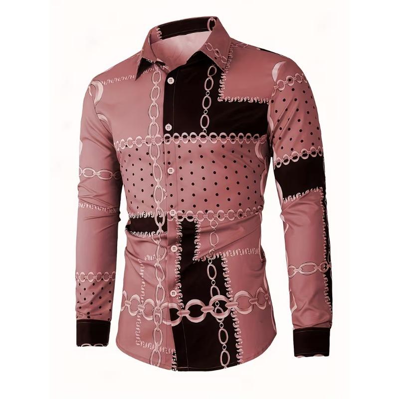 Spring Autumn New Men Long Sleeve 100% Polyester Shirt Tops Chain Pattern 3D Digital Print Business Casual Shirt