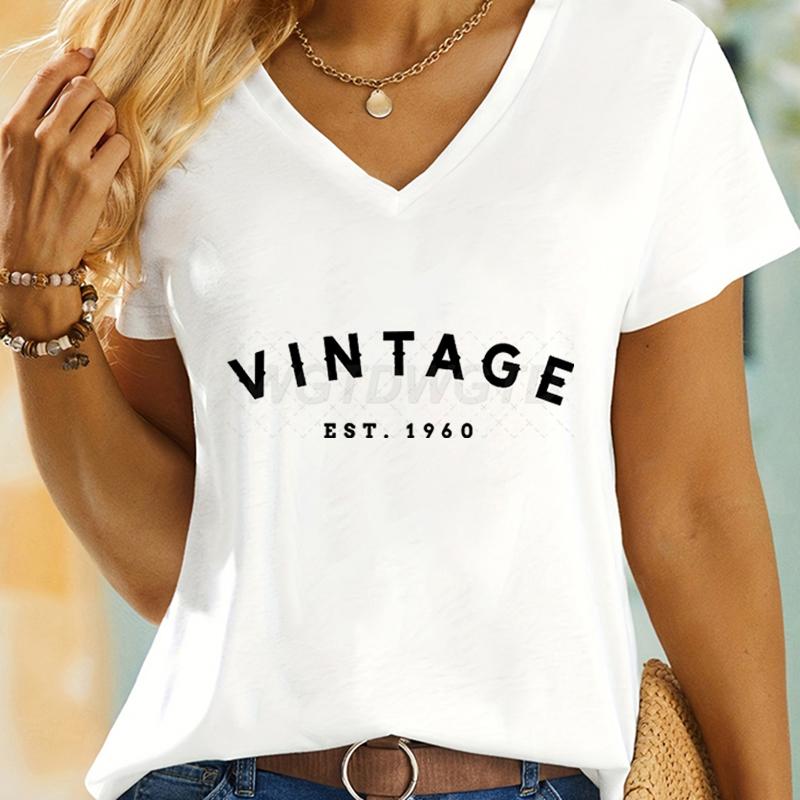 Women Clothes Harajuku 1960 To 1969 Graphic T Shirts Retro Vintage Style V Neck Funny Tshirts Short Sleeve  60th Birthday Tops