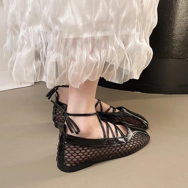 Women's Mary Jane Shoes Square Toe Cross-tied Shallow Mouth Shoes Women Dress Mesh Breathable 2025 Zapatillas De Mujer