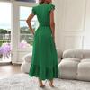 Women Solid Color V-neck Slim Short Sleeve Dress Summer Long Dress