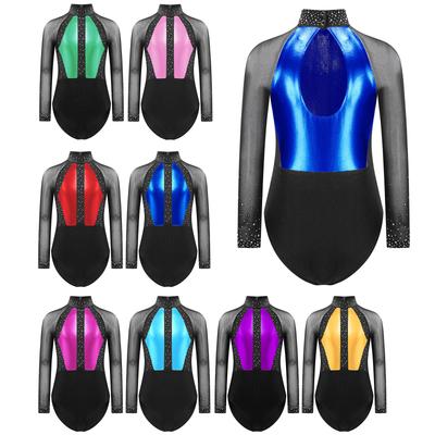 3-in-1 Dance Gymnastics Skating Outfit: Girls‘ Color Block Leotard with Rhinestones, Keyhole Back & Sheer Mesh Long Sleeves