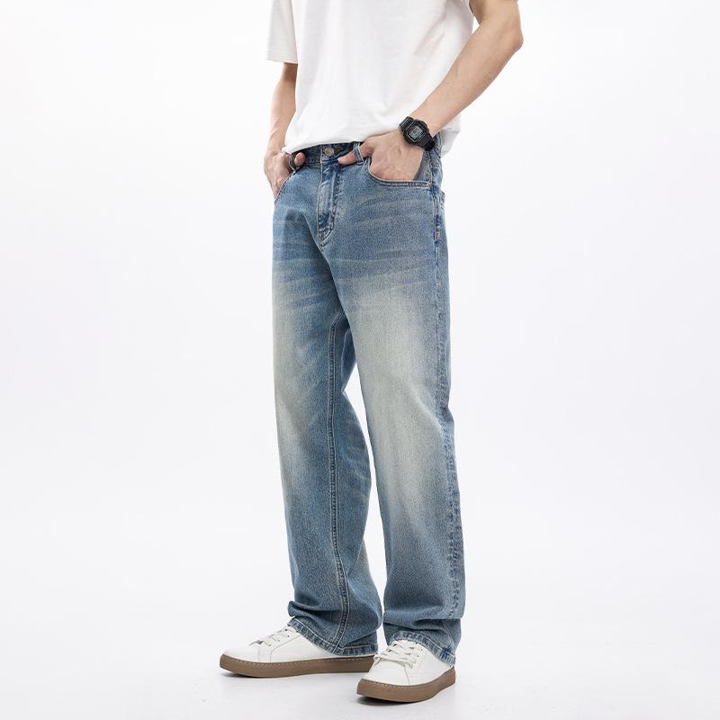 Elastic denim new American trendy brand men's jeans commuter high street loose straight American light-colored denim trousers