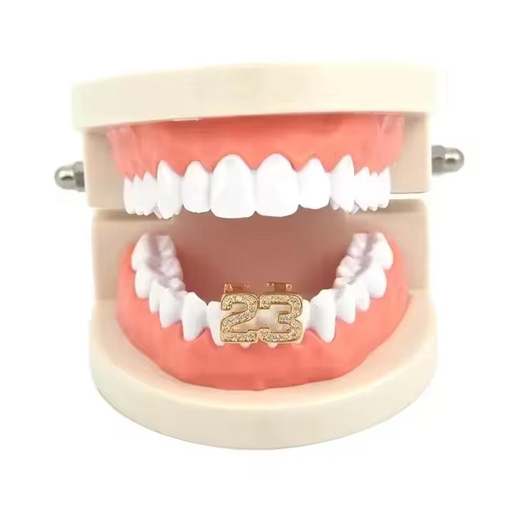 Unique Number 23 Shape Brass Two Tooth Grills Iced Zircon Gold Plated Body Jewelry for Engagement or Anniversary