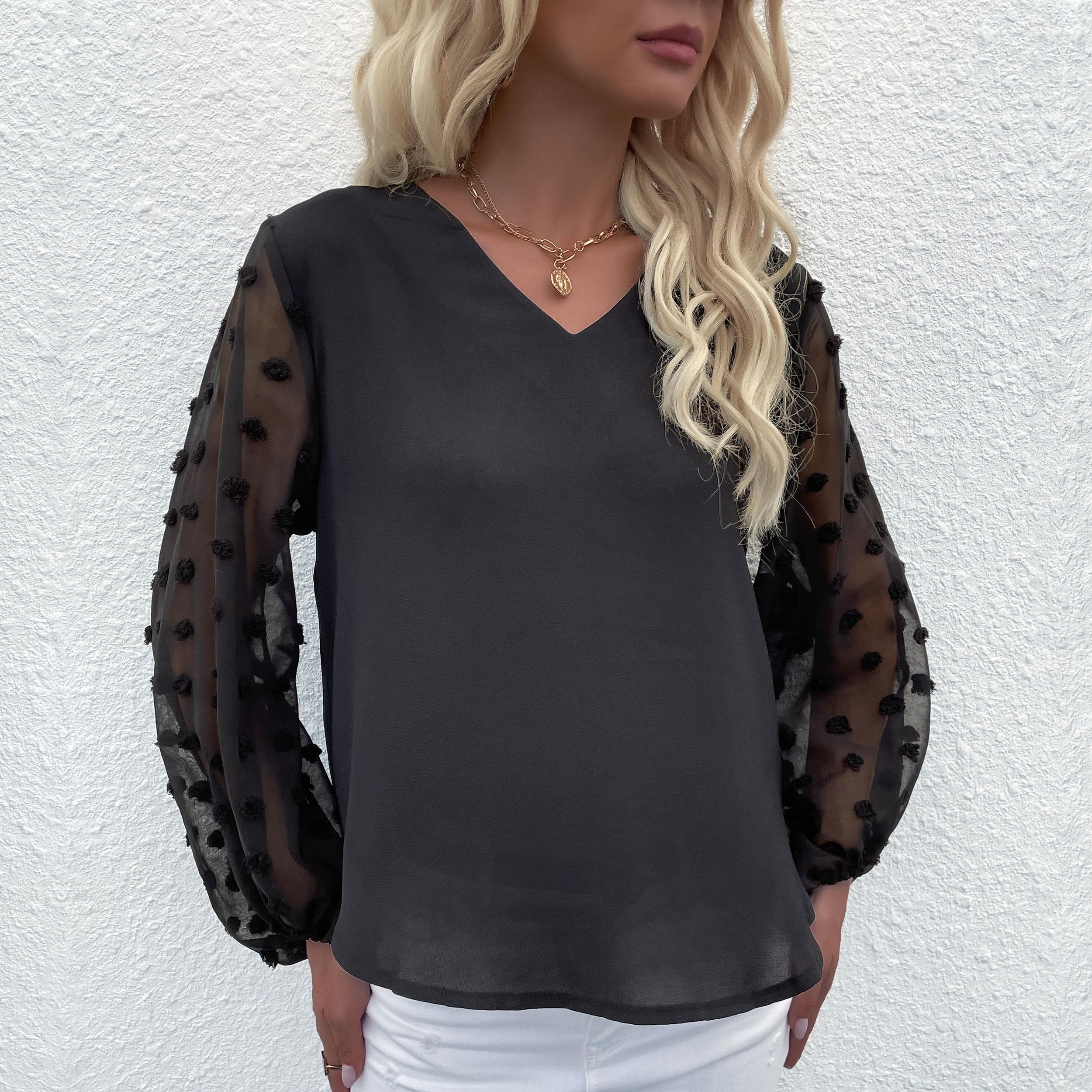 

Женские модные повседневные футболки с v-образным вырезом и топы с длинными рукавами YYFS XL чёрный