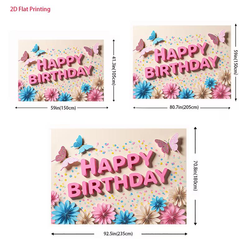 2D Pink Blue Flower Butterfly Backdrop Happy Birthday for Girls Themed Photo Booth Background