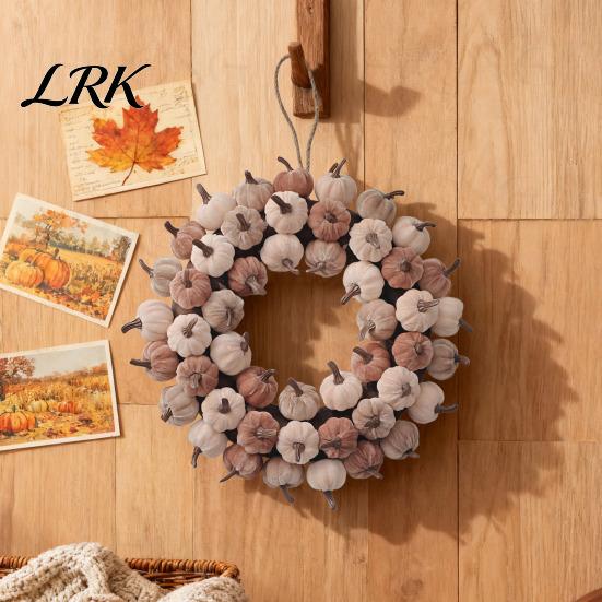 Artificial Pumpkin Vine Velvet Wreath Door Hanger, Fall Thanksgiving Garland, Rustic Fluffy Autumn Harvest Decor for Entryway Window, Farmhouse