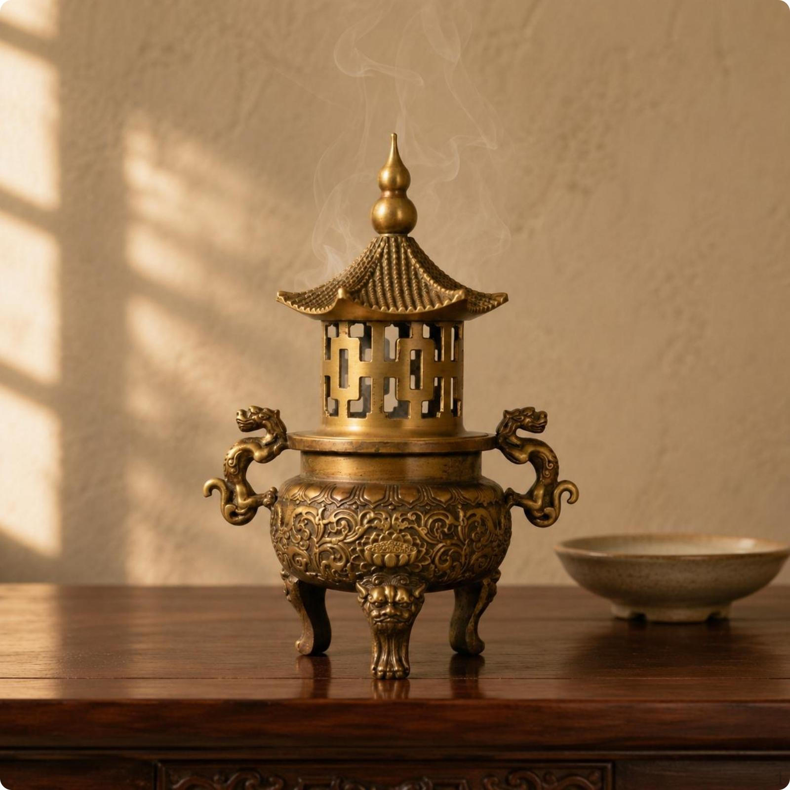 Brass Incense Burner Embossed Relief Pagoda Holder Openwork Home Decor for Altar, Display
