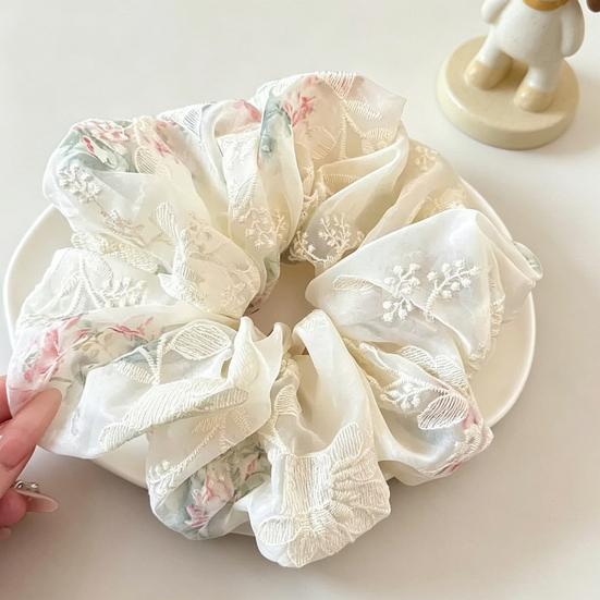 Hair Tie Embroidery Flower Pattern Mesh Yarn Large Hair Scrunchy Soft Elastic Ponytail Holder Non-Slip Hair Accessory