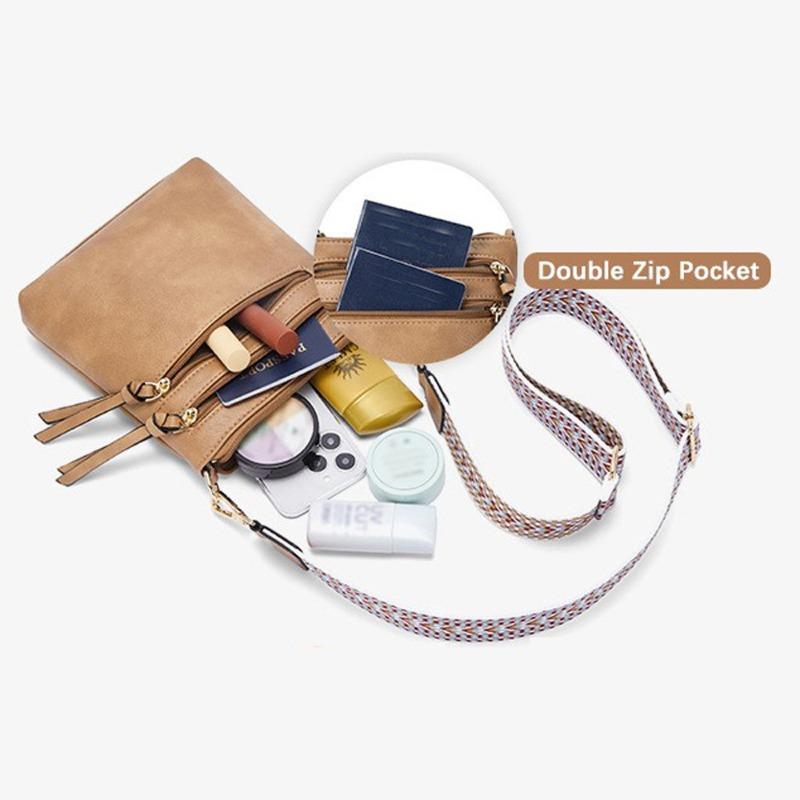 Women’s PU Leather Crossbody Bag Wide Woven Strap Multi Pocket Shoulder Bag Large Capacity Casual Messenger Purse