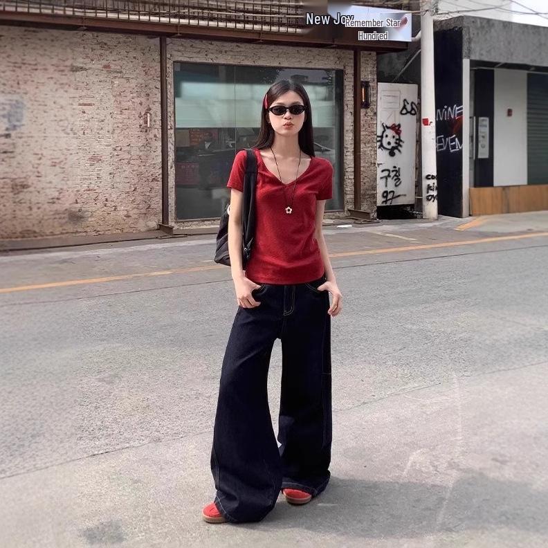 Dopamine Red V-Neck Straight-Shoulder Slim Women’s T-Shirt - Summer 2025: Sweet & Spicy Style