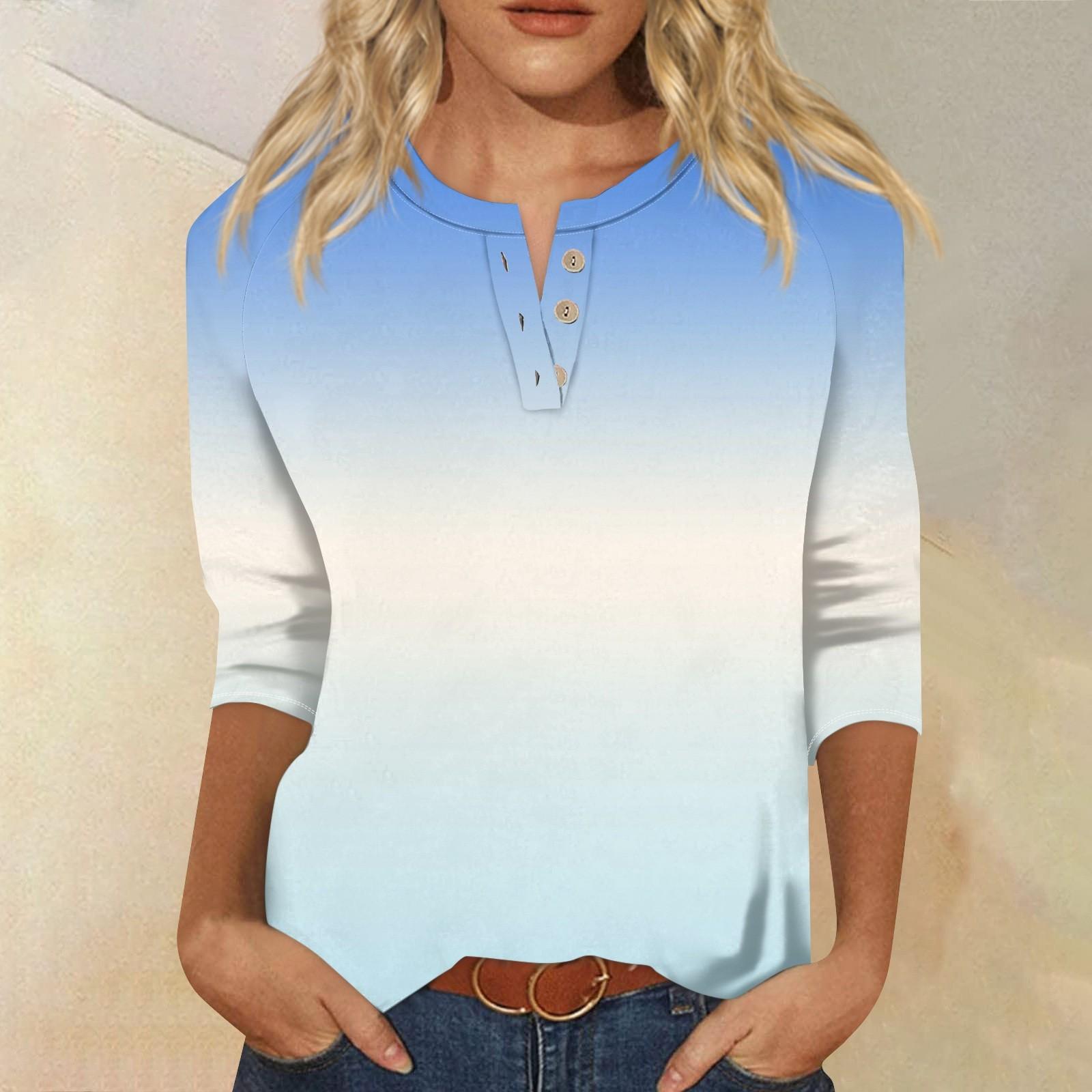 

Женская модная футболка с градиентом, V-образным вырезом, застежкой на пуговицы и рукавами длиной семь четвертей XXXXL