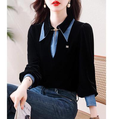 Conjunto de dos piezas de camisa vaquera con retazos de terciopelo y manga larga para mujer - Tendencia Otoño Temprano 2023.
