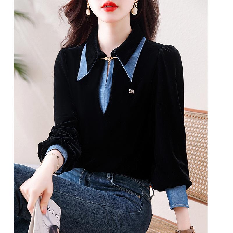 

Женская бархатная рубашка с длинным рукавом, в стиле пэчворк из денима, из двух частей - тренд начала осени 2023 года. X-Large чёрный