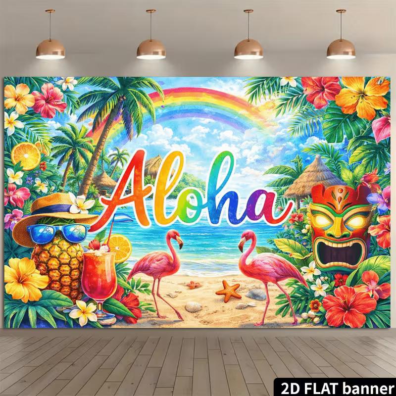 2D Summer Hawaii Aloha Tiki Mask & Flower Photo Booth Background