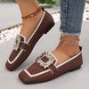 Ladies' Casual Square Toe Flat Shoes with Crystal Buckle Decoration, Breathable Fabric for One Foot Shoes, Rubber Sole, Suitable for All Seasons