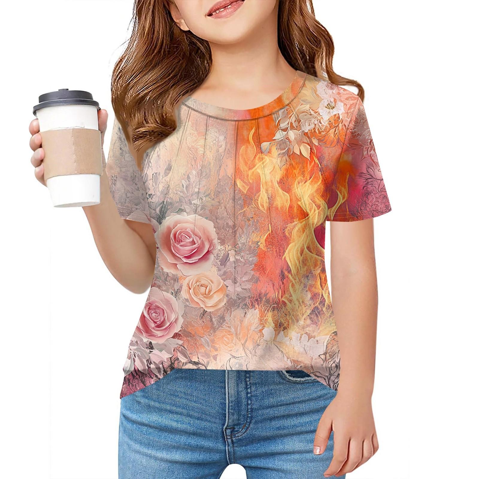 

Детская футболка Fold A для девочек, летняя модная куртка с круглым воротником и цветочным принтом с короткими рукавами 160 шафрановый