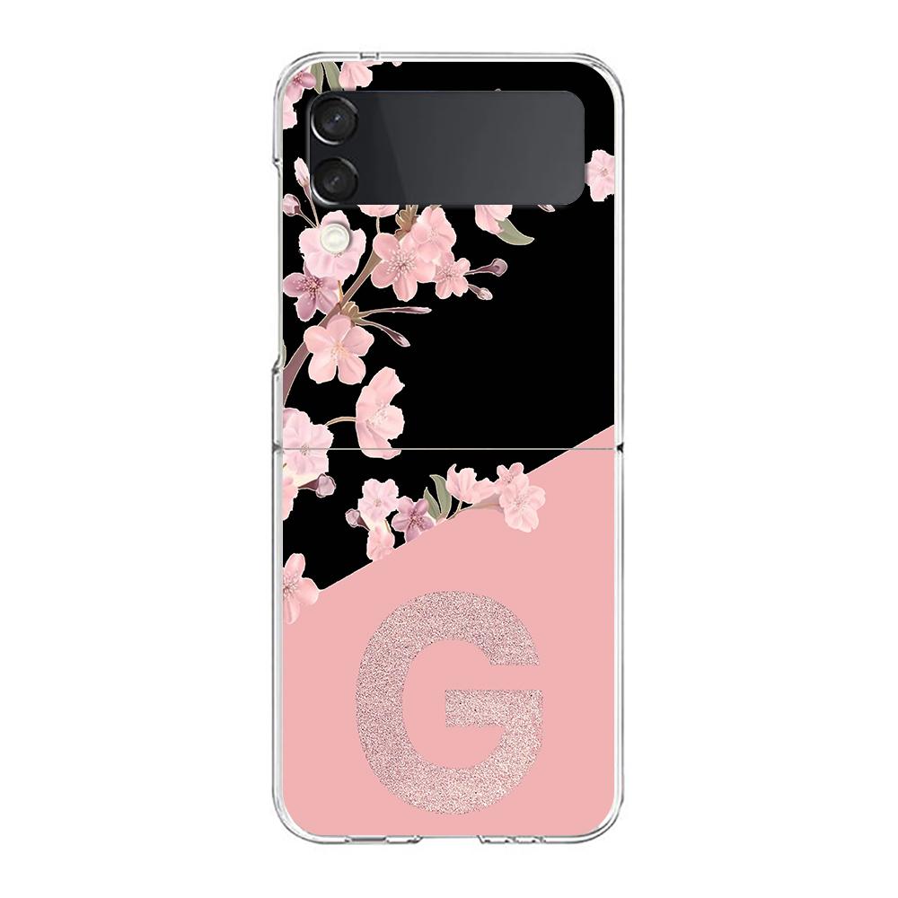 Pink Letter Flower Phone Case For Samsung Galaxy Z Flip 3 4 5 Hard Folding Clear PC Bumper For Samsung Z Flip3 Transparent Cover