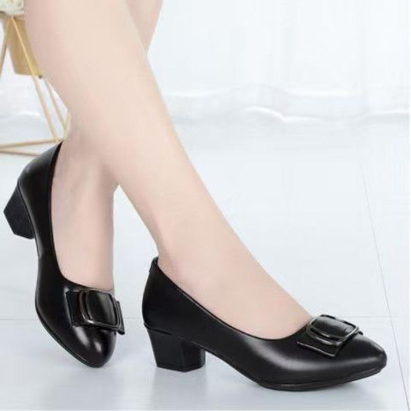 Shoes Autumn New Medium Heel Single Shoes Soft Leather Soft Sole Non-slip Comfortable Versatile Women's Leather Shoes Medium Women's Shoes