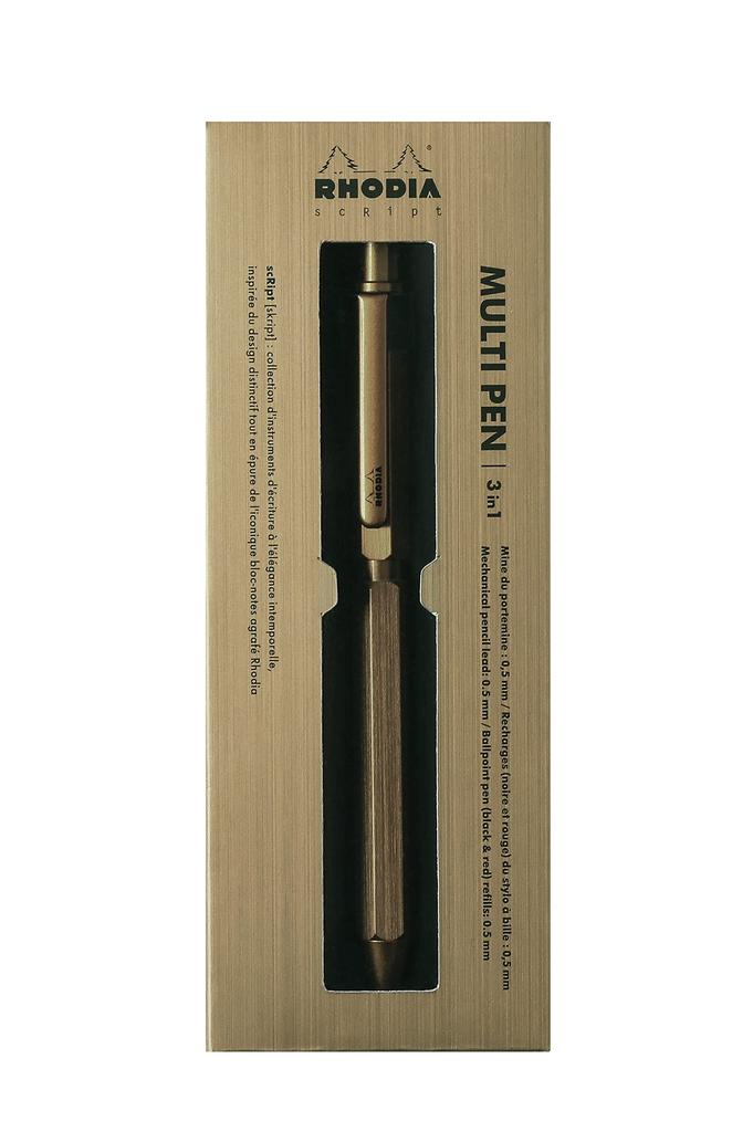 RHODIA Script a Ballpoint Pen with Two Colors and and a Mechanical Pencil with a Hairline Finish and Rotary Aluminum Body Multi-Pen Gold, 0.5mm