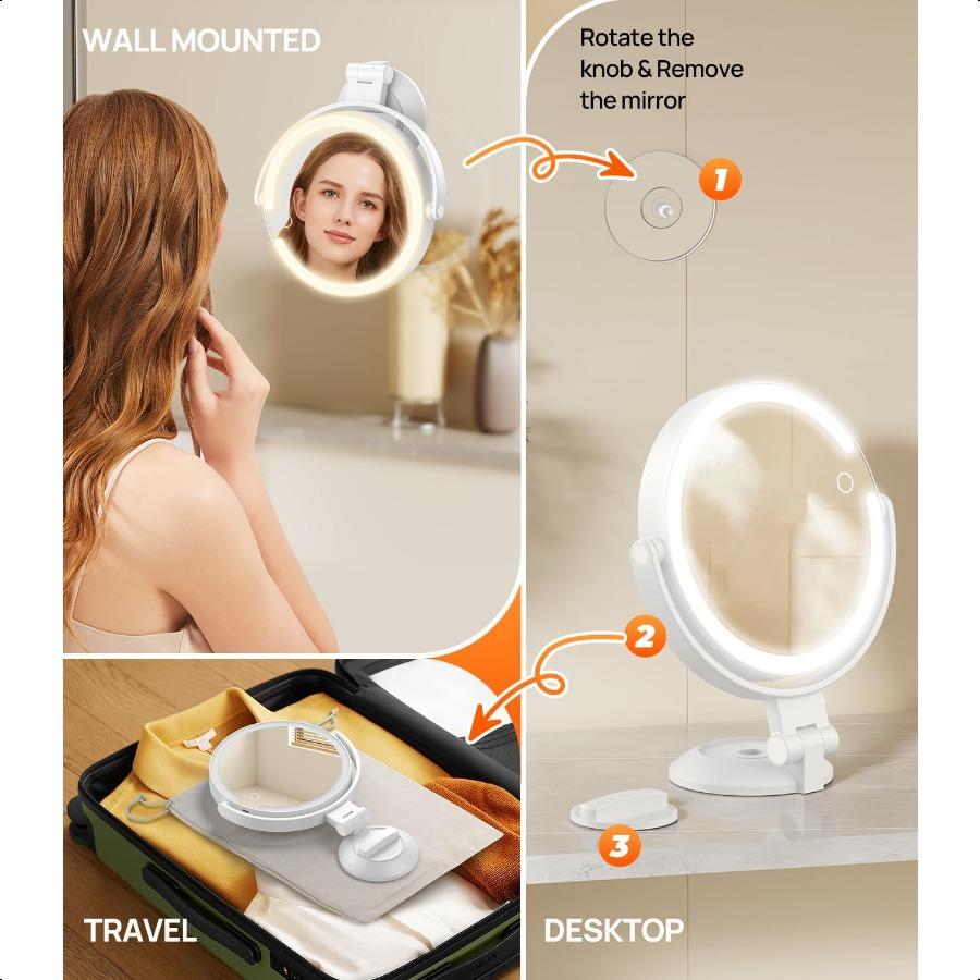 7 Wall Mounted Makeup Mirror with Powerful Suction Cup Double Sided 1X 10X Magnification 3 Color Lights and Adjustable Brightn