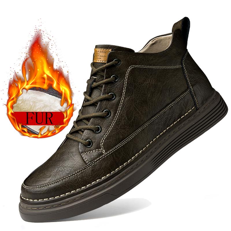 Fashion New Winter Boots Fur Lace Up Work Boots Genuine Leather Ankle Boots Plus Velvet High Top Shoes Outdoor Sneakers Thick Sole Boots