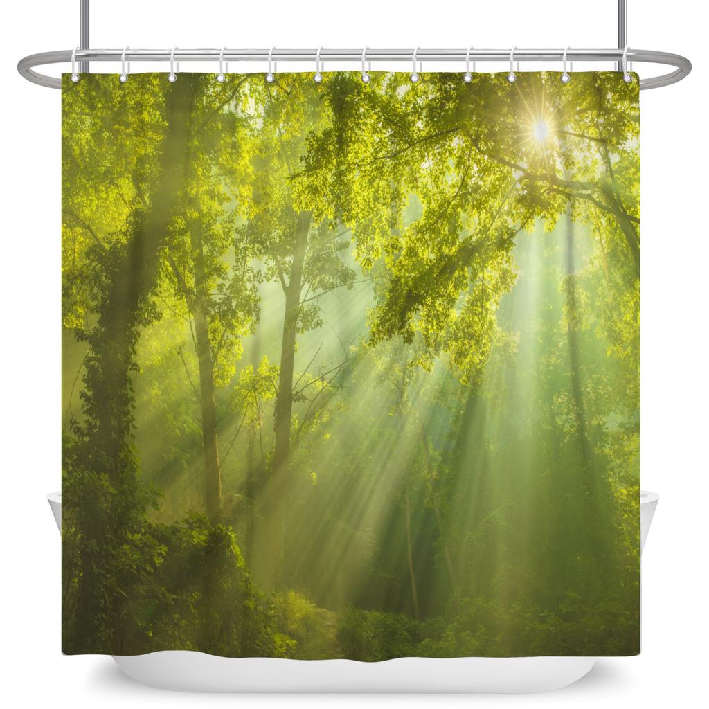 Garden Path Shower Curtain with 12 Hooks Realistic Forest Landscape Butterflies Waterproof Polyester Bathtub Bathroom Curtain