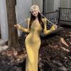 Yellow Waist and Hip Skirt, Sexy Spice Girl Long-sleeved Knitted Dress, Women's Autumn Slim and Thin Fishtail Dress