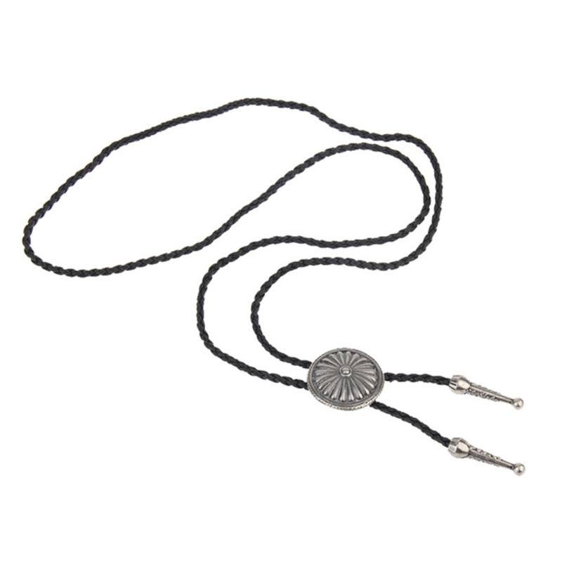 Mens Bolo Tie Necktie Faux Leather Braided Rope Necklace with Metal Round Flower Pendant Jewelry Cowboy Hat Accessories