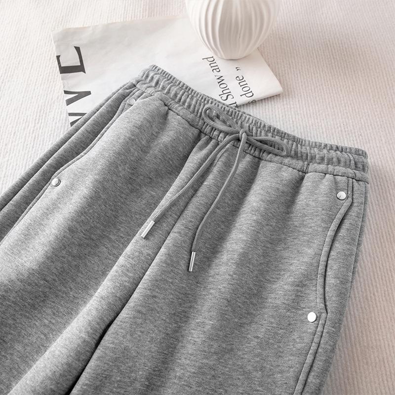 Pantalones de chándal grises de pierna ancha de cintura alta adelgazantes estilo americano para mujer - Primavera Engrosados con Felpa Ajuste Petite