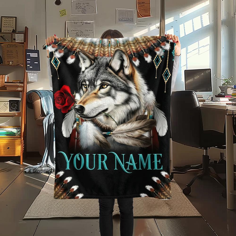 1 Stück Benutzerdefinierter Name Wolfsfamilie Mondnacht Gemustert Flanelldecke Geeignet für Alle Jahreszeiten für Heimdekoration Wärme und Komfort Geschenke Feiertagsgeschenk_lx