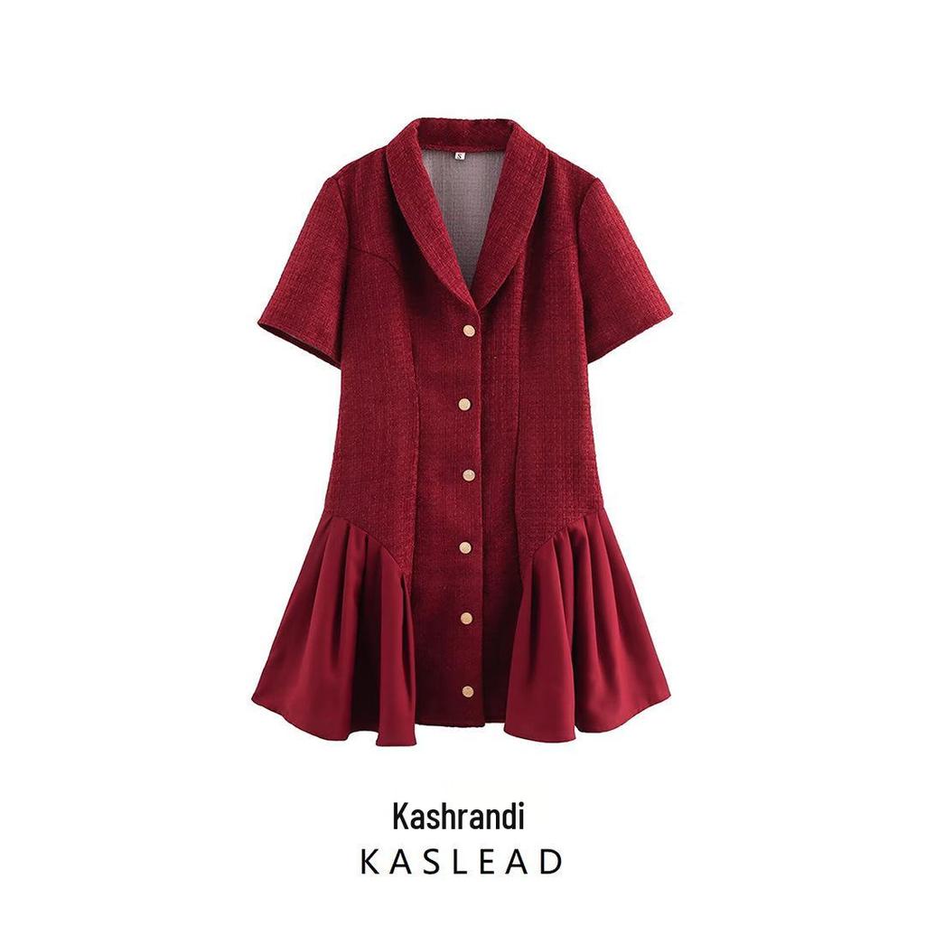 2025 Spring Women's European & American Style Shawl Collar Waist-Hugging Dress with Short Sleeves