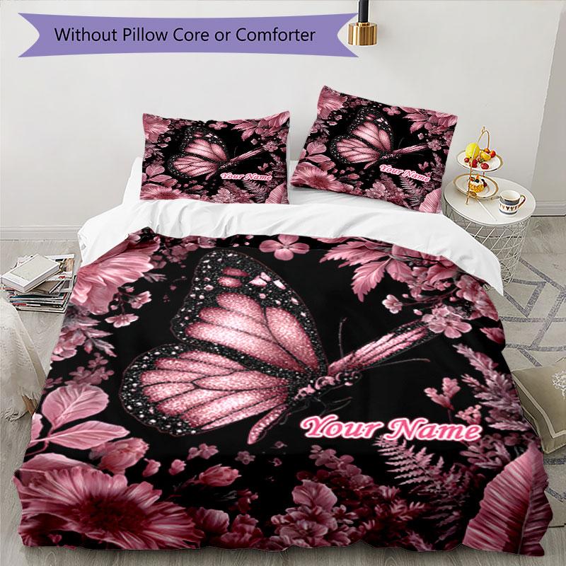 3PC Custom Name Pink Butterfly Garden Bedding Set Duvet Cover Closure Includes 1 Duvet Cover & 2 Pillowcases for Bedroom