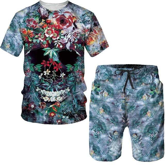 Summer 2 Piece Outfits Sets Tshirt and Shorts Tracksuit Men's Oversized Cloth Streetswear Vintage Skull Gothic 3D Print Men Sets