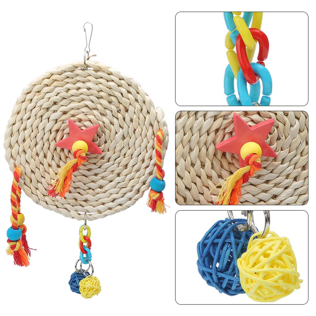 Pet   Non Toxic Straw Plaited Wood Block Chewing Biting Hanging Swing Toy Bird Cage Accessories(S )
