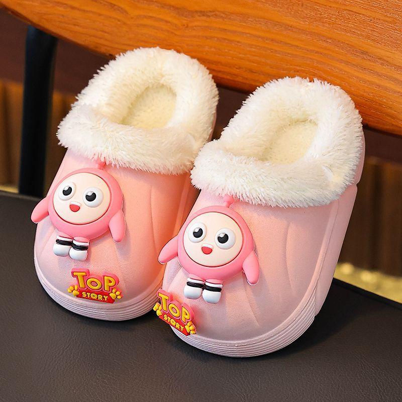 Waterproof Children's Cotton Slippers Boys Girls Winter New Indoor Home Non-Slip Thick Sole Fleece-Lined Cotton Slippers Girls Shoes