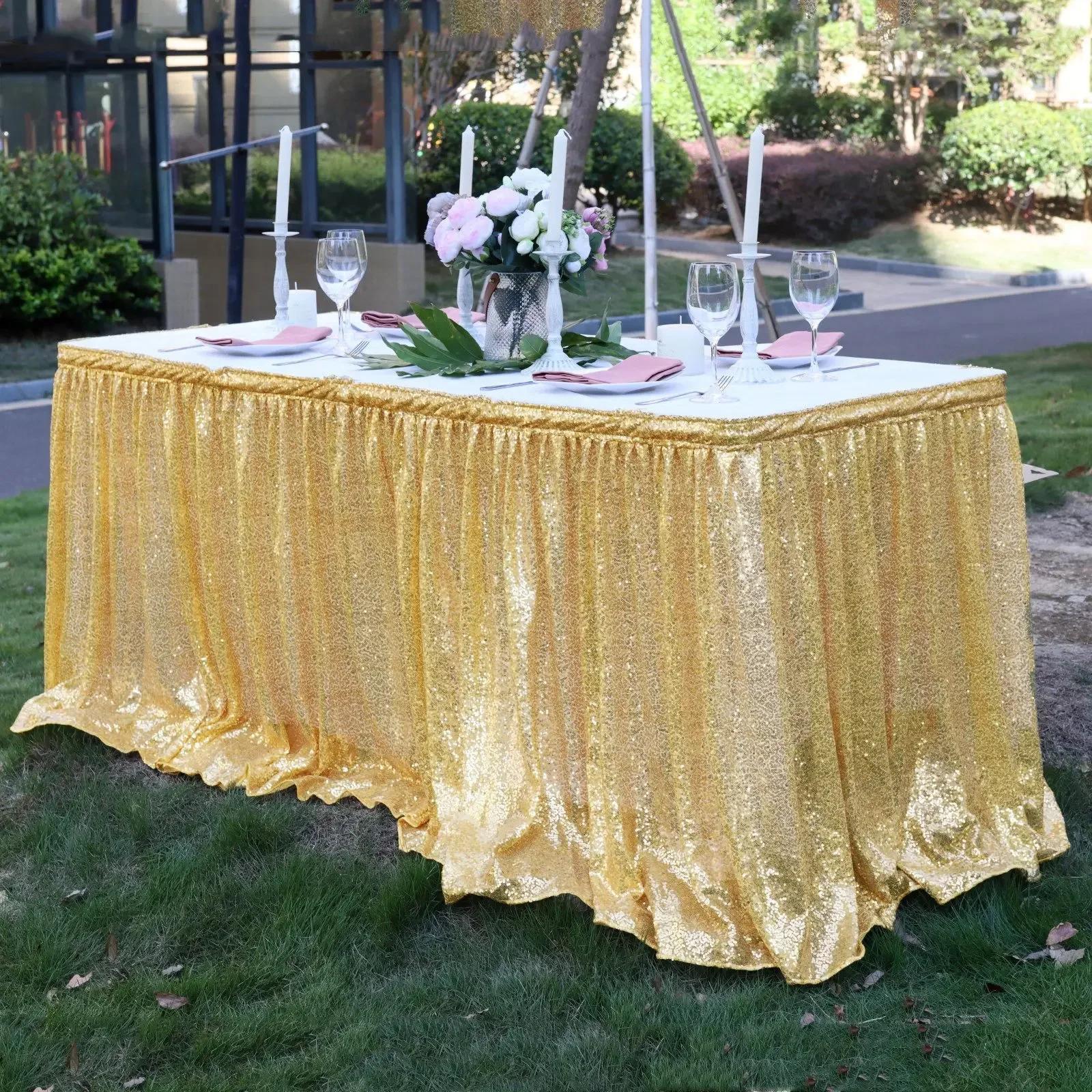

Light Gold Sequin Table Skirt Tablecloth Glitter Sparkly Shimmer Rectangle Table Covers for Birthday Party Event Wedding Decor 4ft 70x122cm золотий