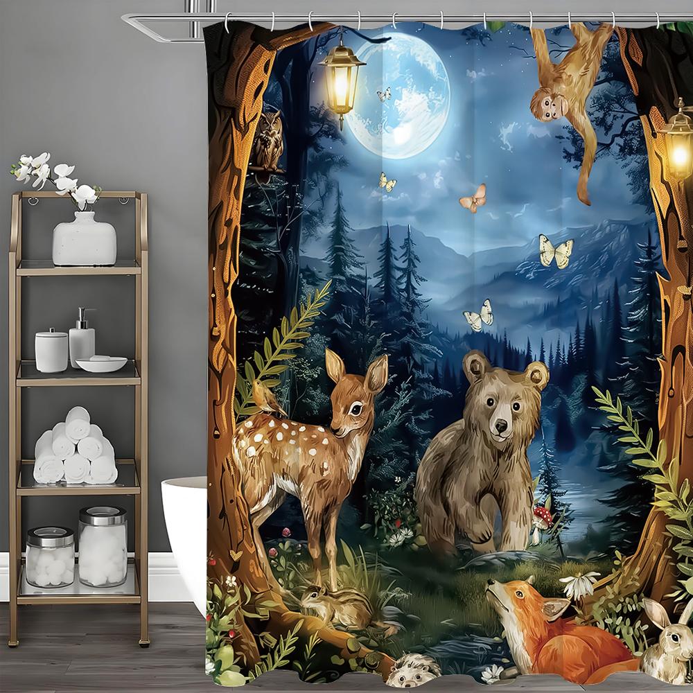 Forest Animal Butterfly Flower Tree Shower Curtain, Bathroom Decorative Shower Curtain, Waterproof Shower Curtain with Hooks
