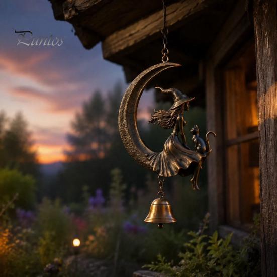 Ornamenti da Giardino a Forma di Luna Crescente Campanella a Vento da Strega, Gotico con Gatto Nero Campanella da Appendere, Decorazione Spirituale per Donne Portico Patio Balcone Mistico