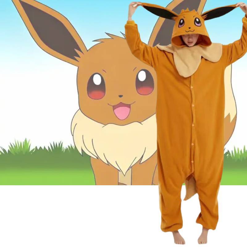 Fleece Cartoon Eevee Sleep Suit With Long Sleeves Home Halloween Costume