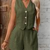 European & American Linen Summer Casual V-Neck Vest and Shorts Set for Women
