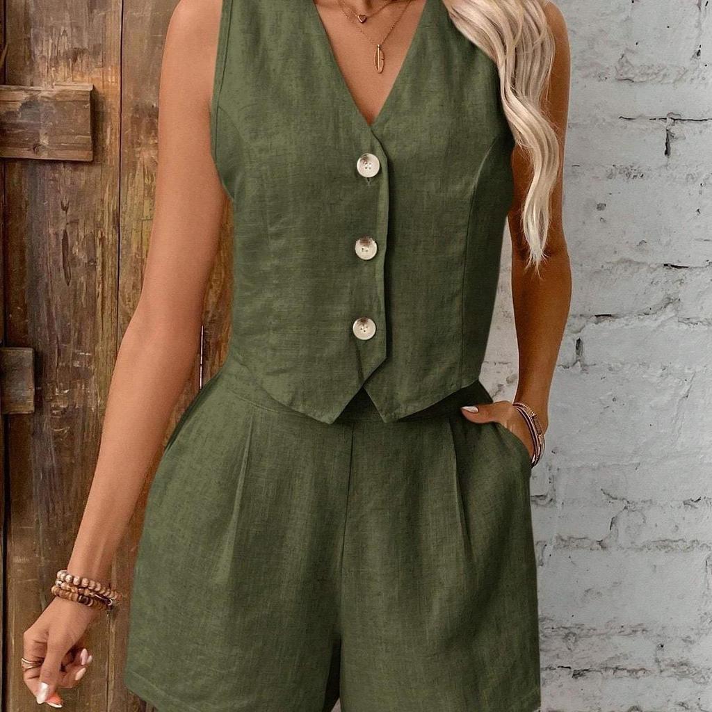 European & American Linen Summer Casual V-Neck Vest and Shorts Set for Women