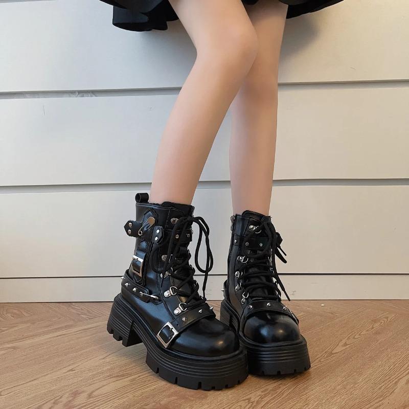 New Women's Rivet Chain Design Short Boots Gothic Shoes Street Fashion Lady Rock Boots Metal Decor Punk Style Women Shoes