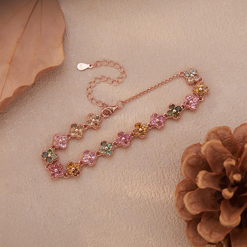 Classic Clover Natural Tourmaline Bracelet Women'S S925 Sterling Silver Plated 24K Gold Retro Gold Treasure Jewelry
