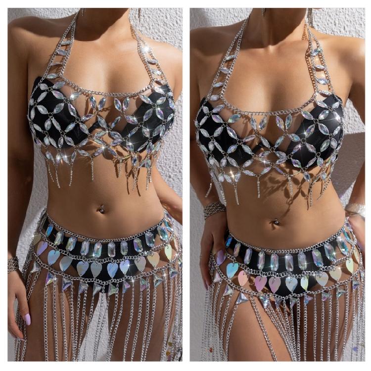 Körperkette Funkelnde Strasssteine Rock Ärmellose Crop Tops Mode Bikini Körper Schmuck Festival Party für Damen und Mädchen
